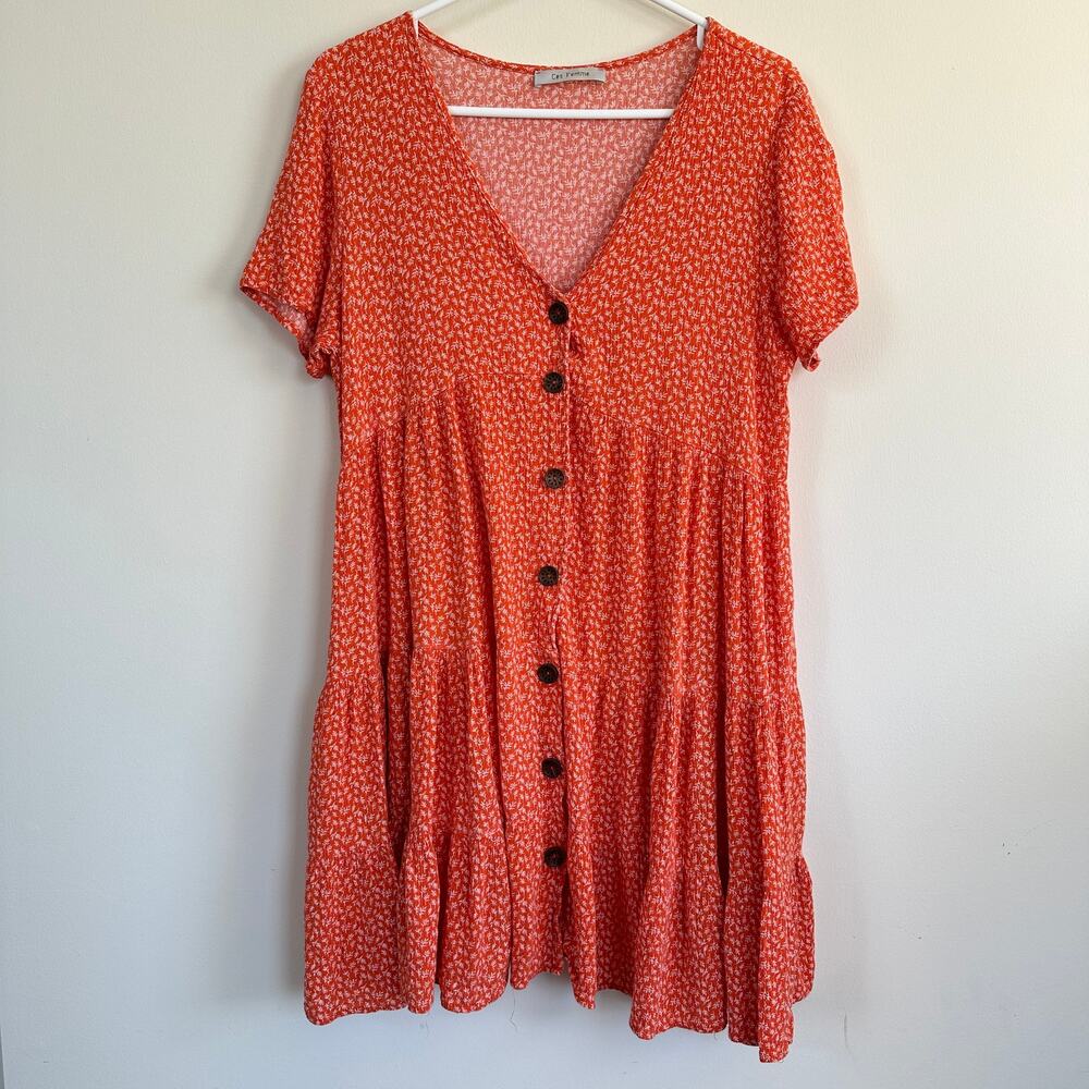 Ces Femme Penelope Tiered Floral Mini Dress Button Front V-Neck Short Sleeve MED